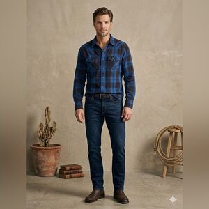 American Eagle Western Snap Shirt Blue Brown Plaid Flannel Vintage Fit Mens XS